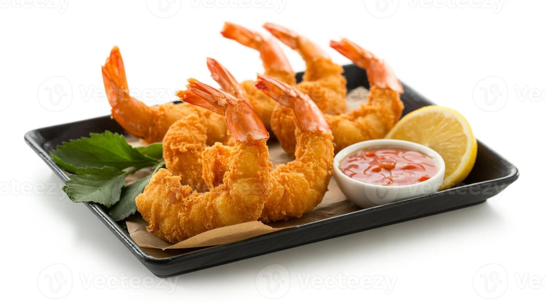 A black plate with fried shrimp, a lemon wedge, and a bowl of dipping sauce on white photo