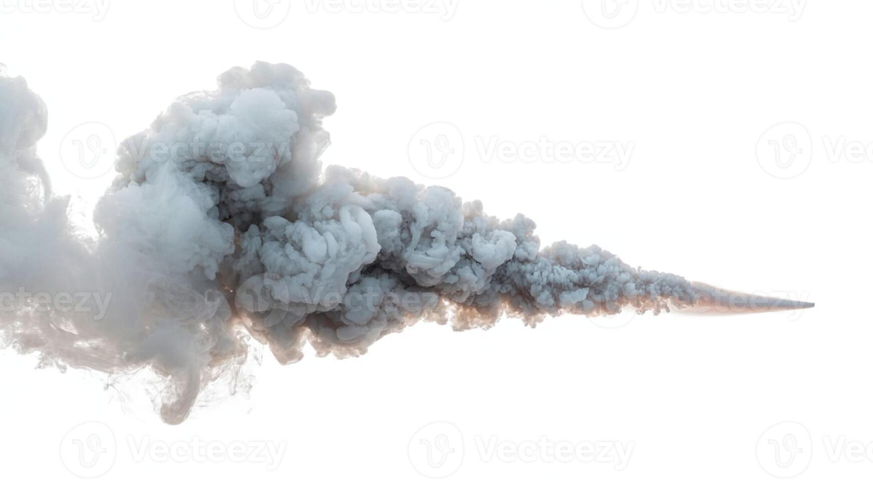 A plume of gray smoke billowing across a bright white background in a horizontal view photo