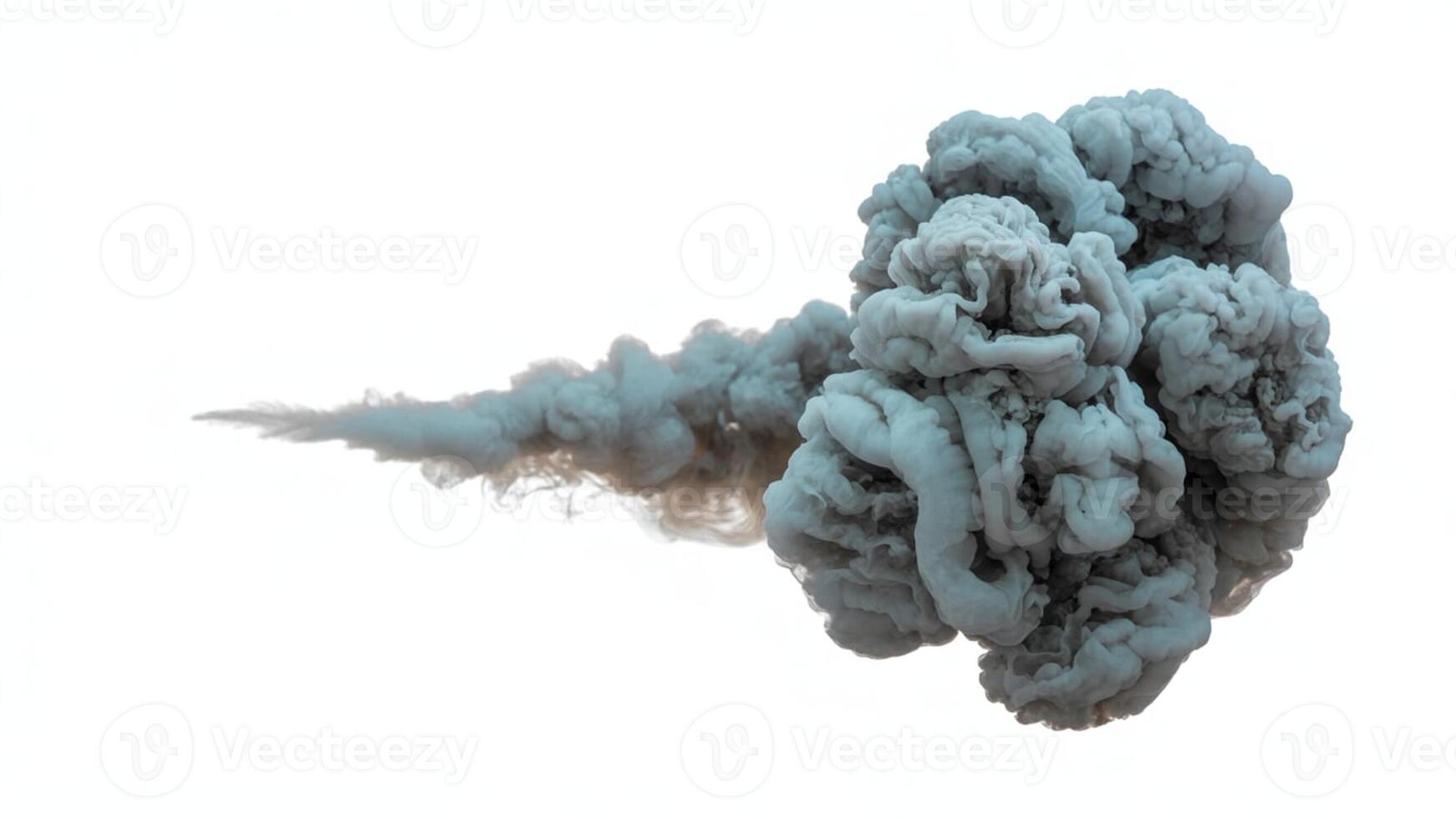 Isolated plume of gray smoke billowing and spreading on a stark white background photo