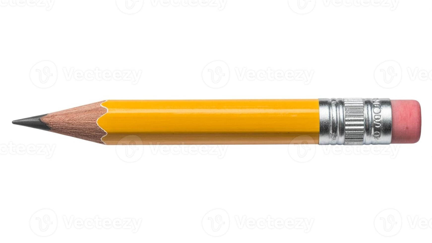 A close up shot of a yellow pencil with a pink eraser on a white background flat lay photo