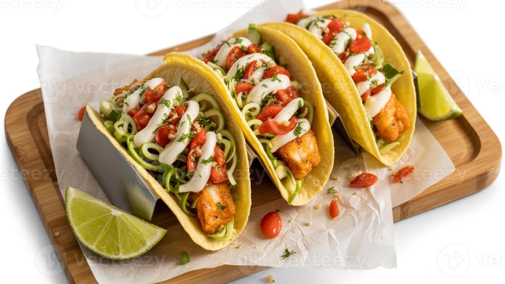 Close up of three tacos with fish and vegetables on a wooden board with lime wedges nearby photo