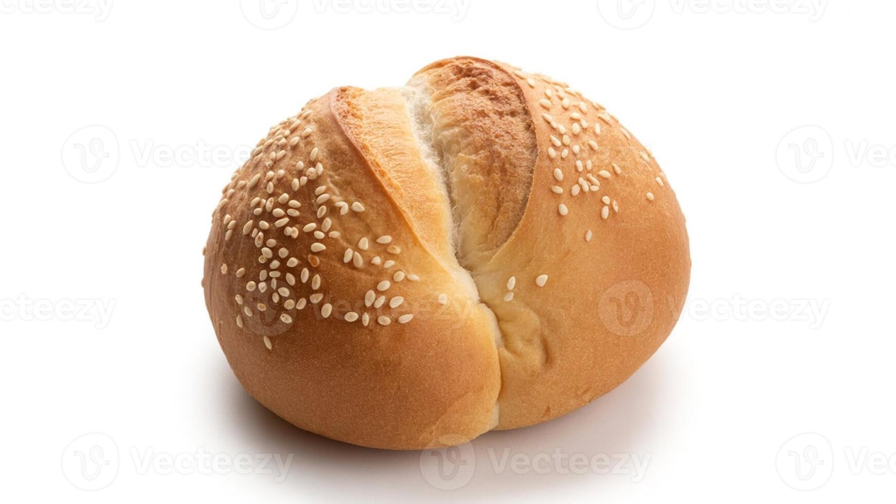 A close up of a sesame seed bun on a white background ready for a sandwich photo