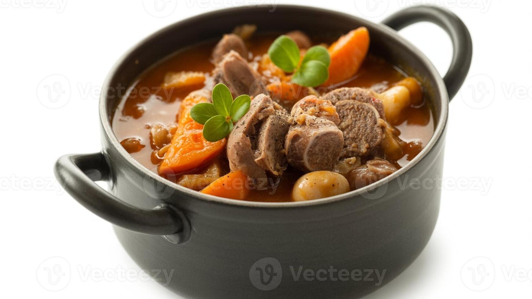 Close up of a black pot filled with stew containing meat and vegetables inside it photo