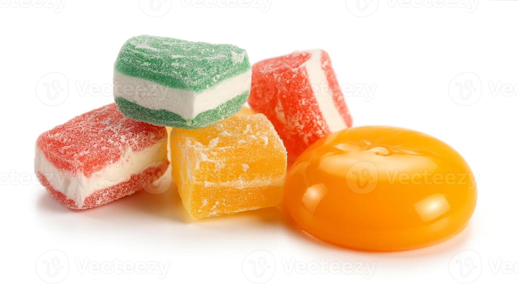 A pile of colorful candies including square and round shapes on white background photo