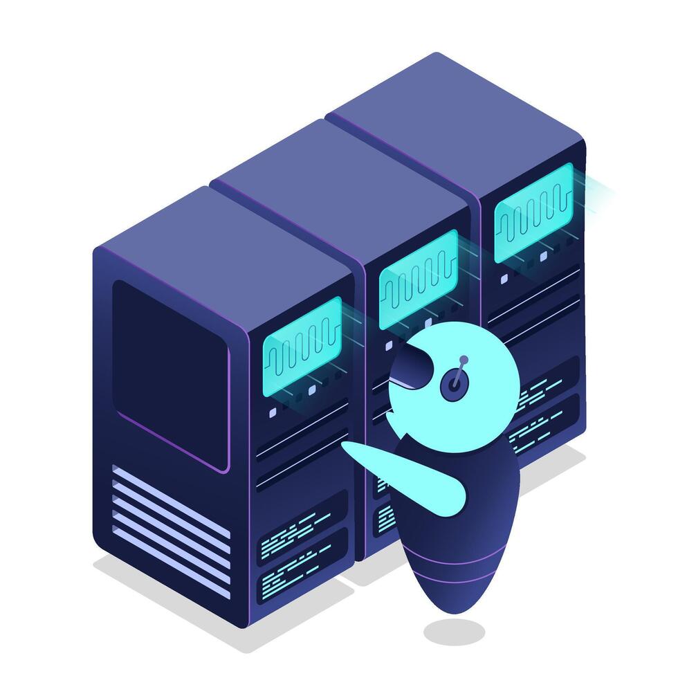 Isometric futuristic server. Isometric database. Abstract blockchain. Computer storage. Cloud storage, vector