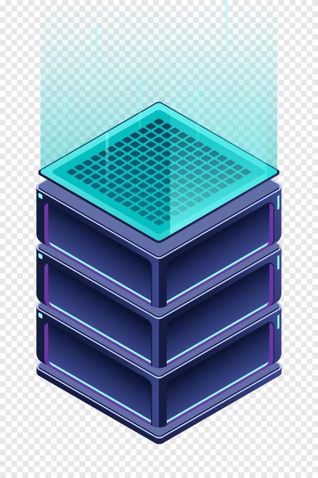 Isometric futuristic server. Isometric database. Abstract blockchain. Computer storage. Cloud storage. Isometric technology. vector