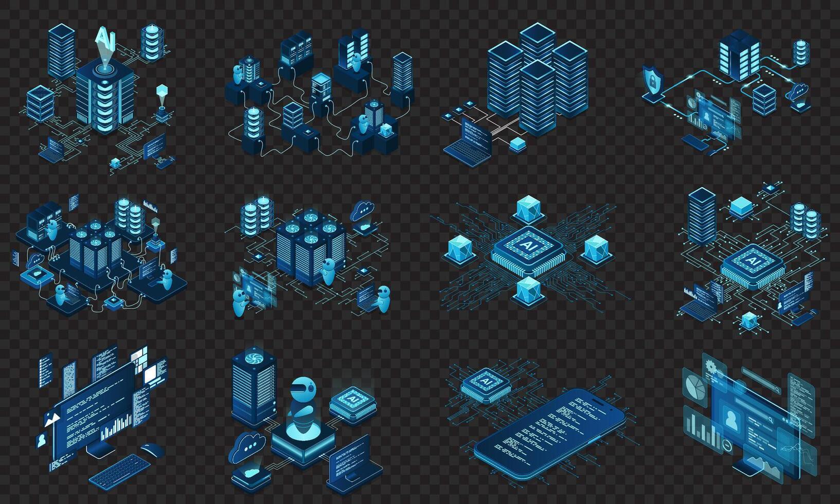 Set of isometric modern technology concept for cloud computing, datacenter, database, artificial intelligence, and blockchain technology. Isometric technology vector