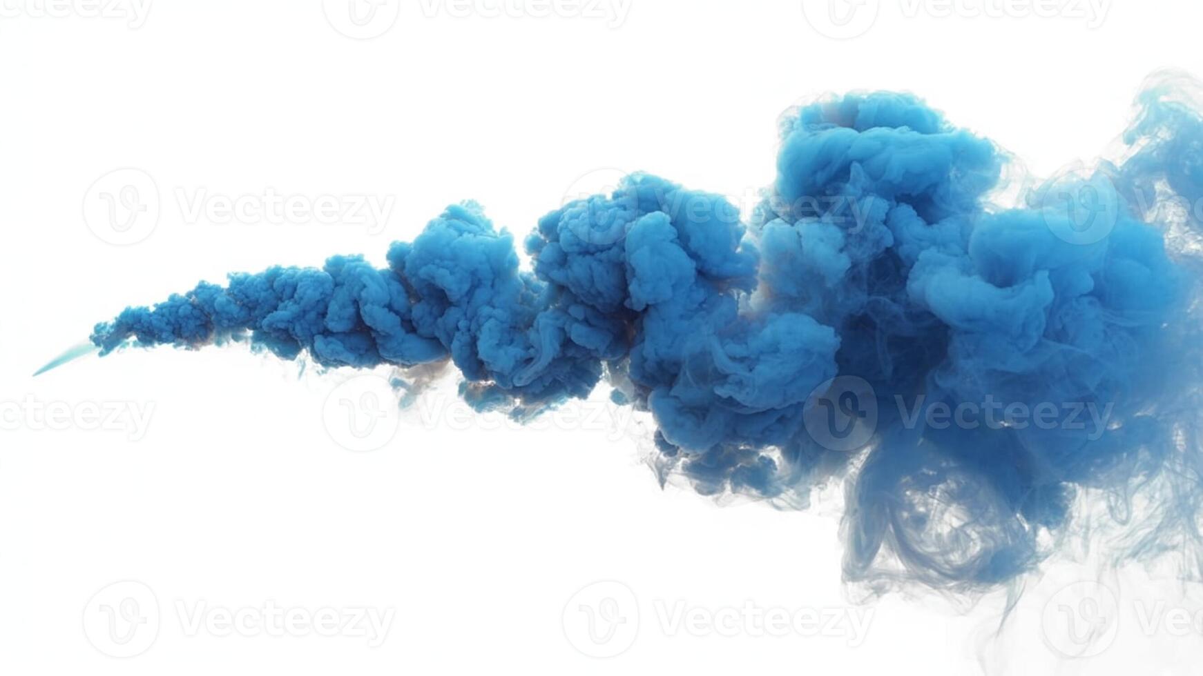 A vibrant plume of blue smoke gracefully drifting against a stark white backdrop photo