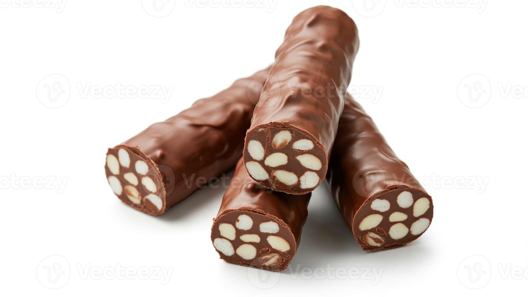 A close up of three chocolate covered almond logs stacked on a white surface in a studio shot photo
