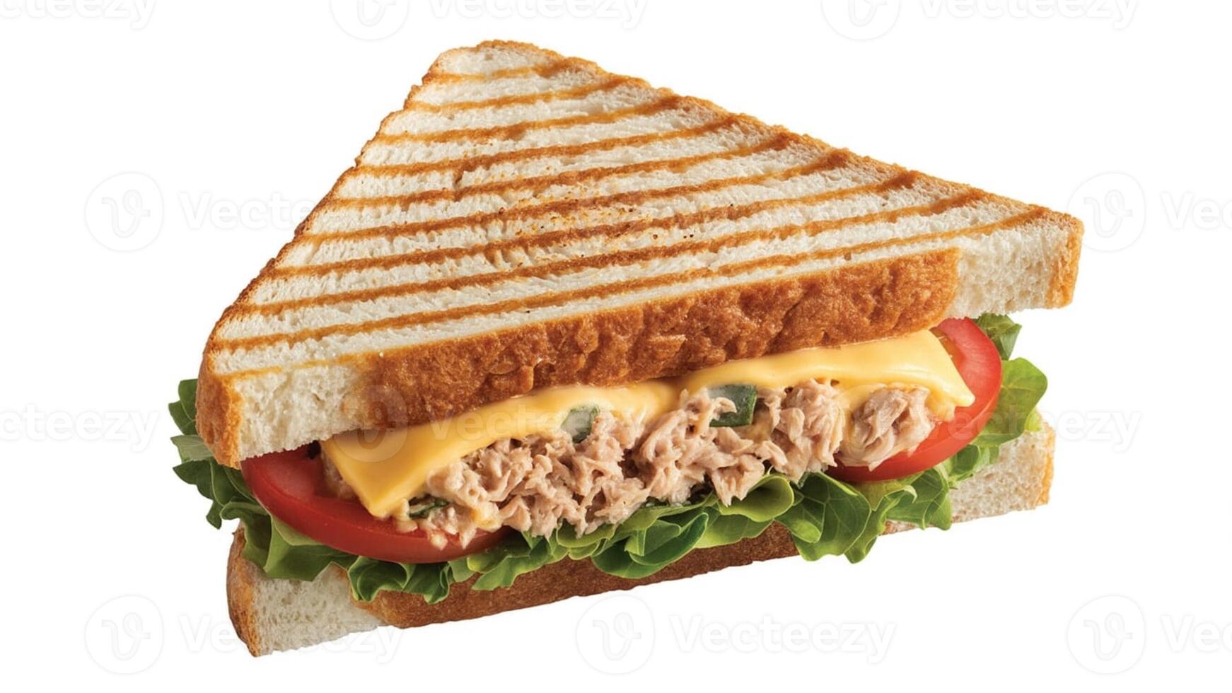 A close up of a triangular tuna melt sandwich with tomato and lettuce on a white background photo