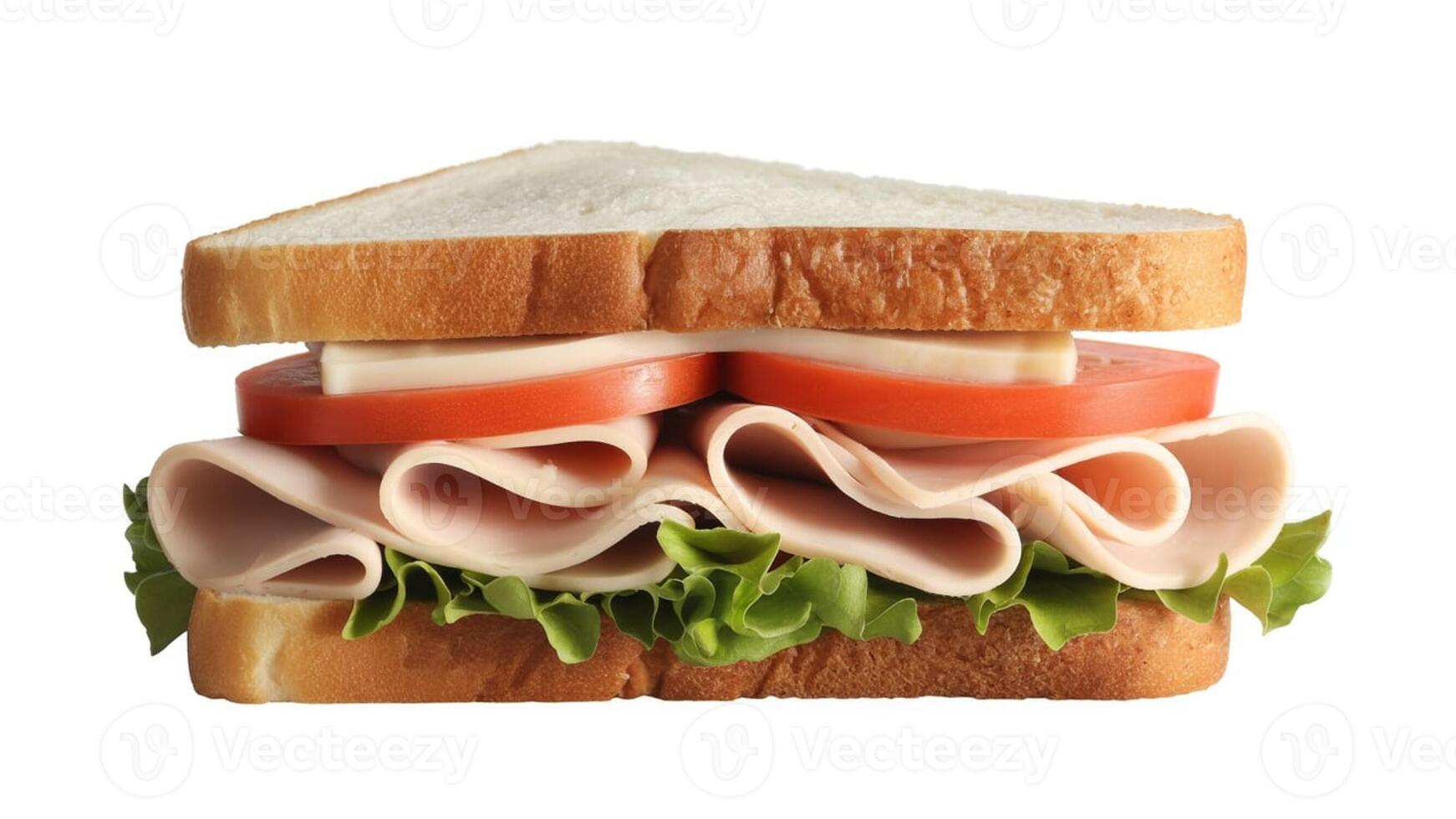 Close up of a sandwich with turkey, lettuce, tomato, and cheese on white bread background photo