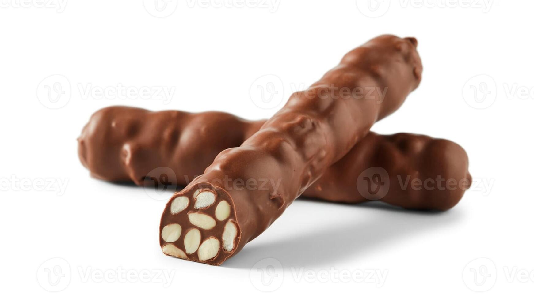 Two chocolate covered almond bars lying on a white surface in a close up shot photo