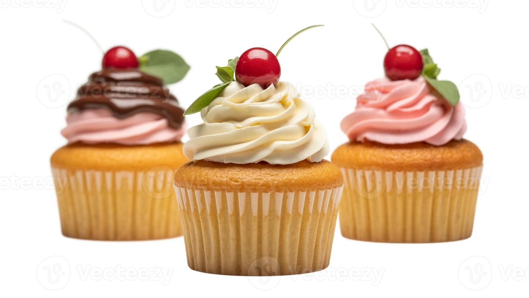 Three cupcakes with different frosting and cherry toppings on a white background photo
