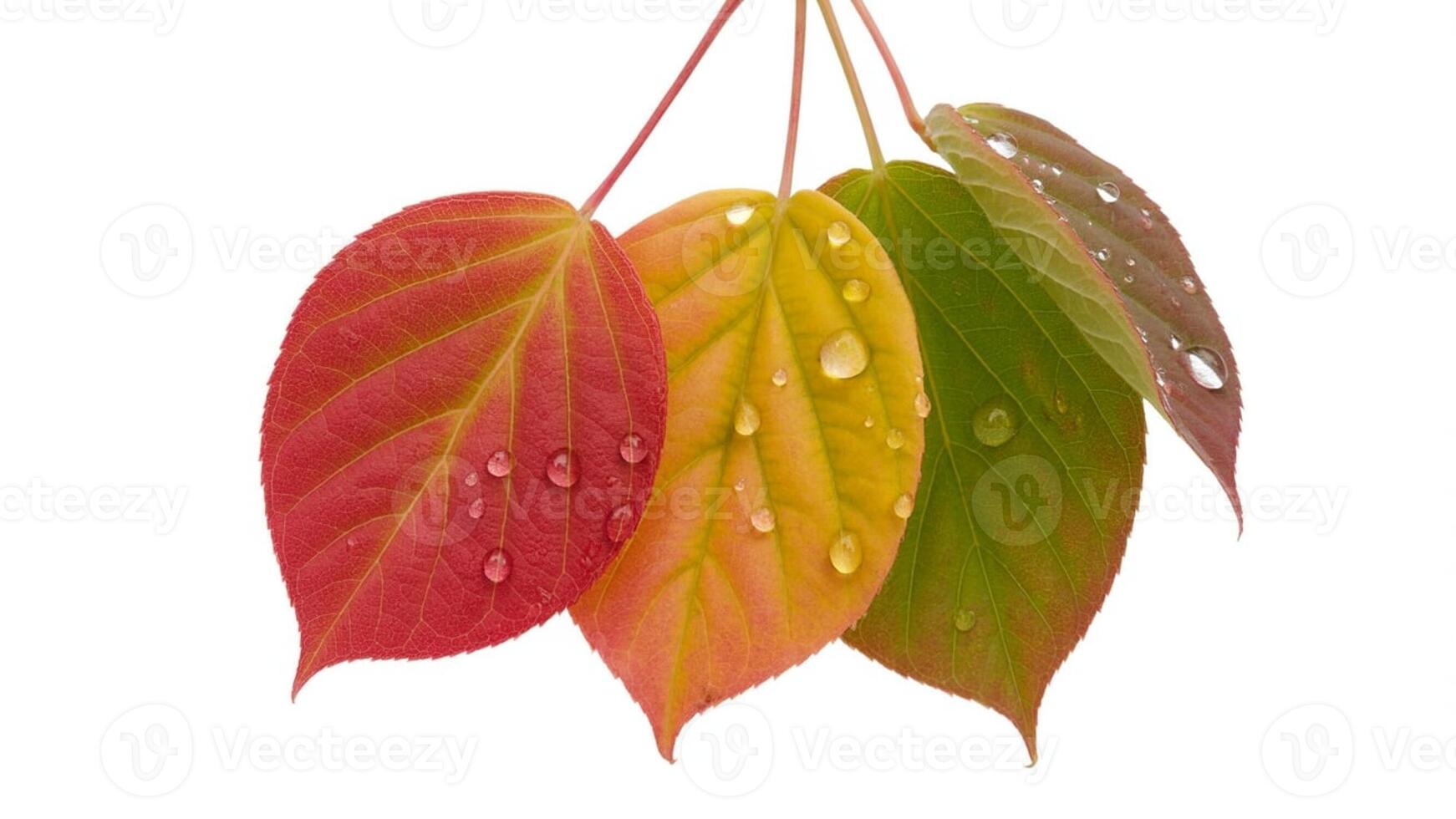 Close up of four leaves in various colors with water droplets on a white background studio shot photo