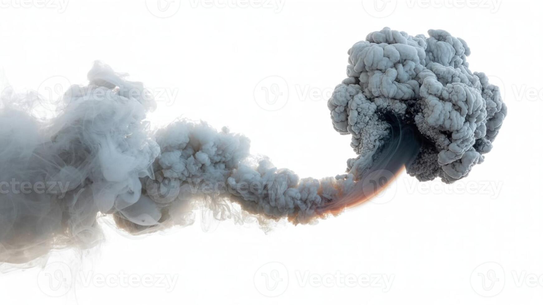 A large plume of gray smoke rising and expanding against a bright white backdrop photo
