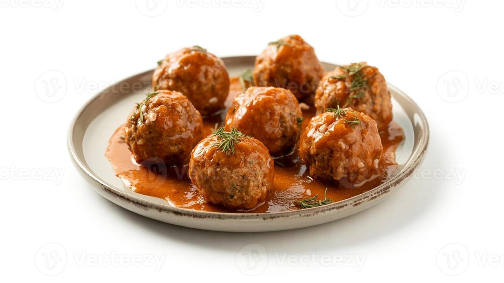 A plate of seven meatballs covered in sauce and garnished with dill on a white background photo