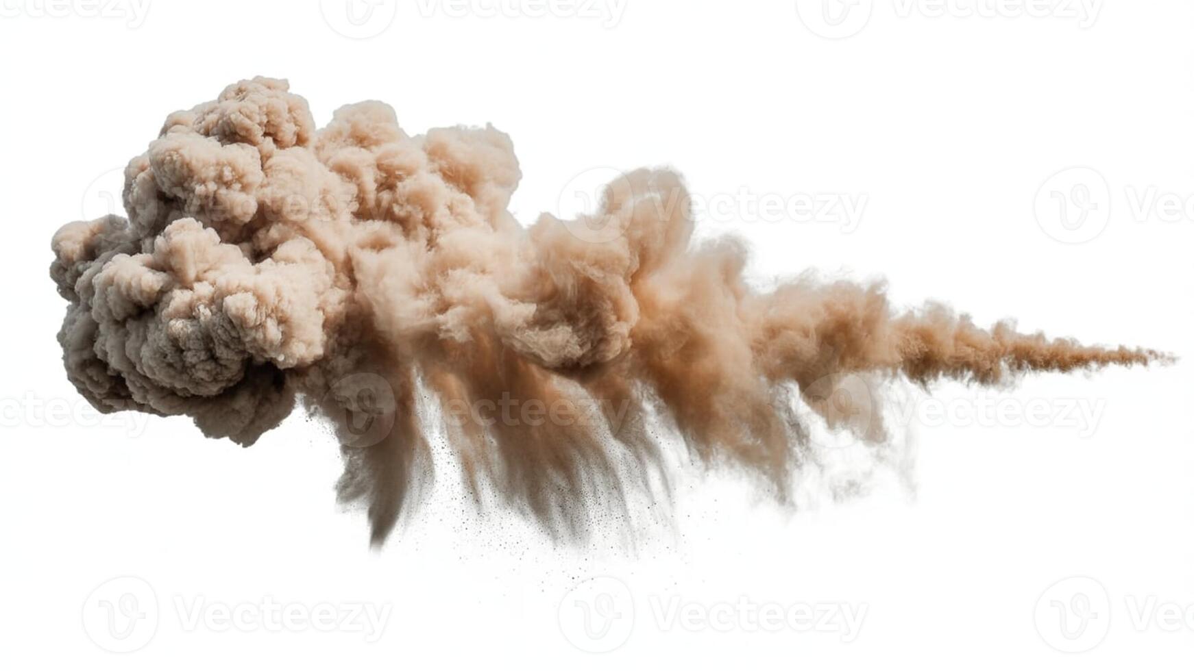 A large plume of brown dust or smoke billowing and trailing off against a white background photo