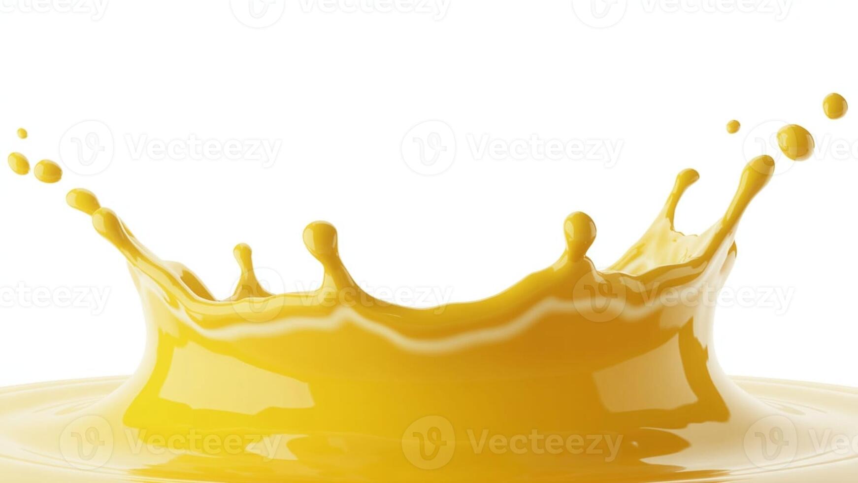 A vibrant splash of yellow liquid creating a crown shape against a white background space photo