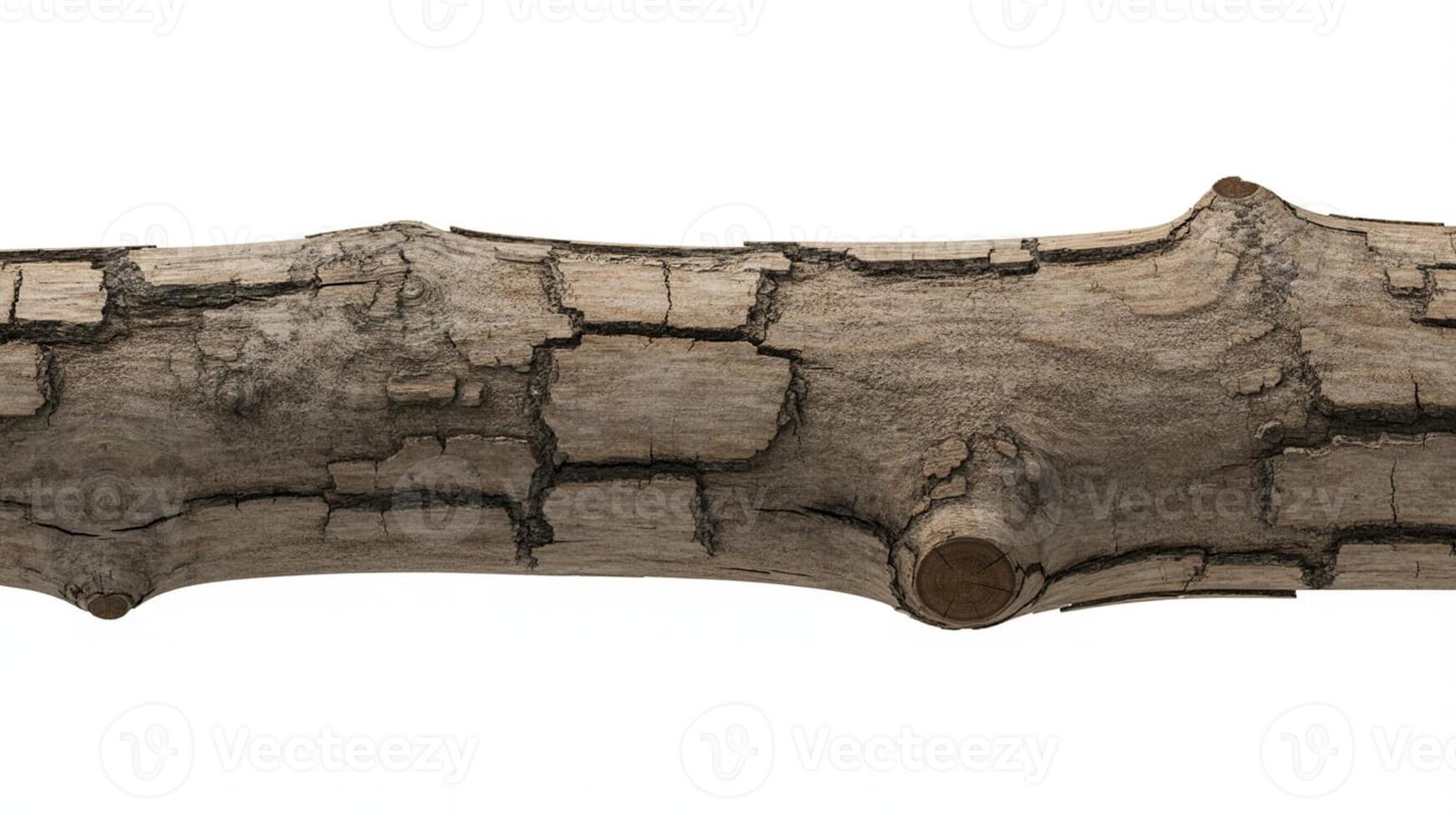 Close up shot of a single weathered tree branch with cracked bark on white background photo