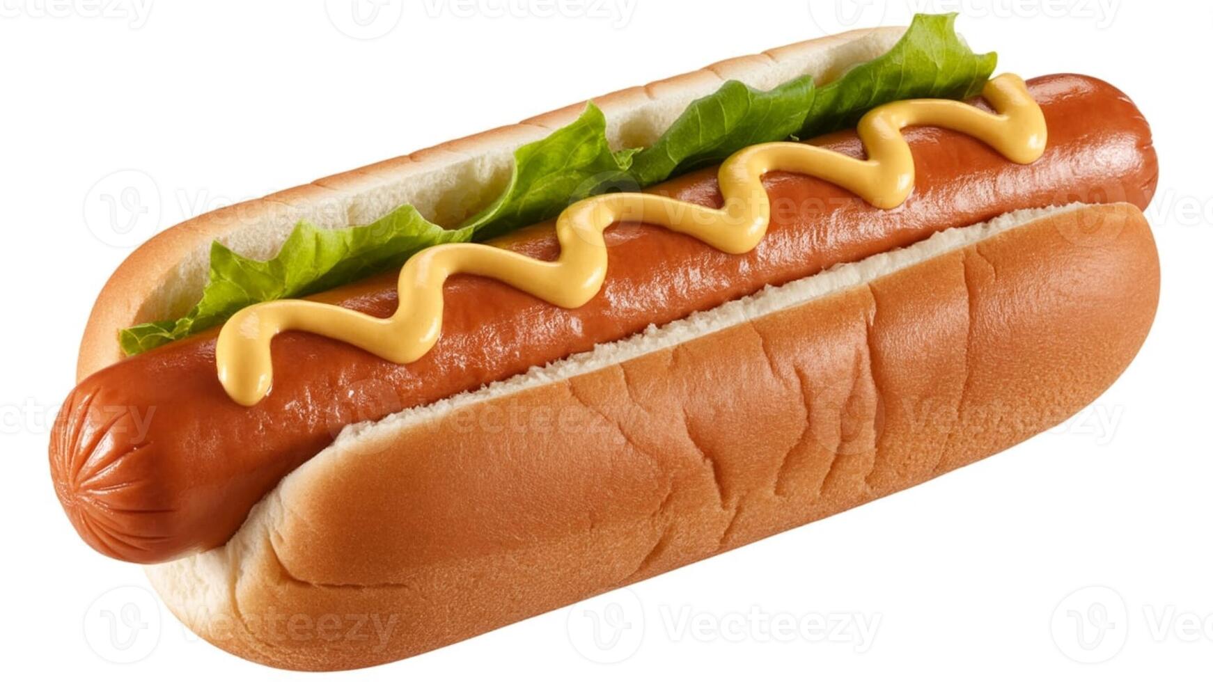 Isolated hot dog with mustard and lettuce in a bun on a white background close up view photo