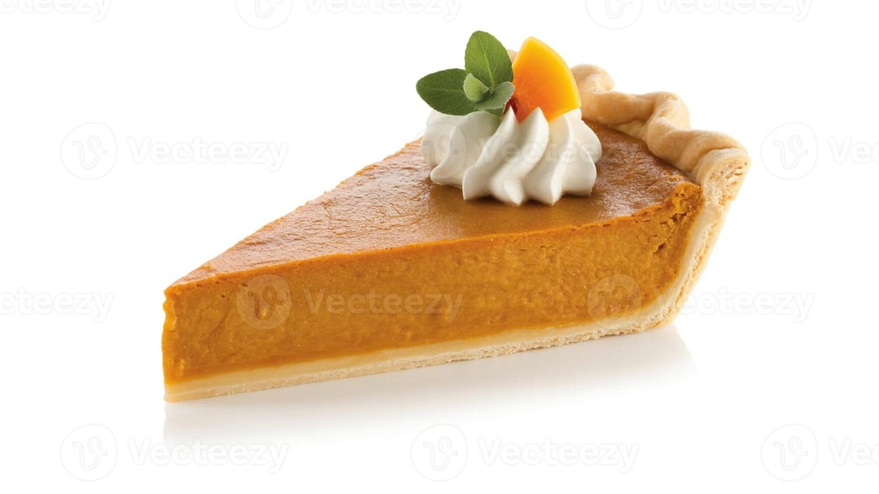 A slice of pumpkin pie with whipped cream and a mint leaf on a white background surface photo