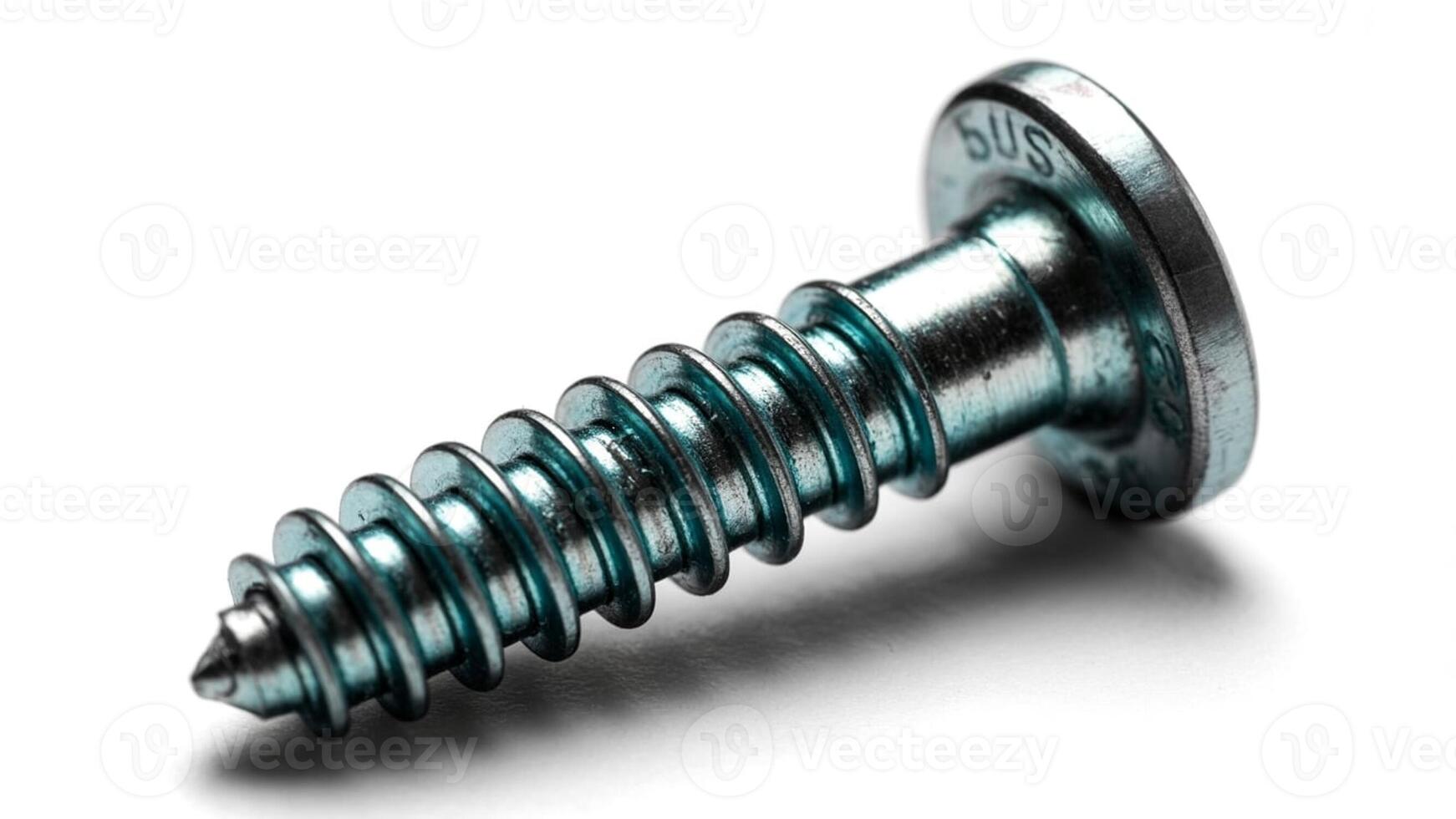Close up of a shiny metal screw with visible threads and a flat head on white photo