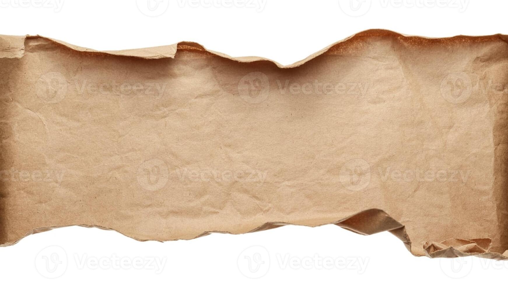 A close up image of a torn piece of brown paper on a white background in horizontal view photo