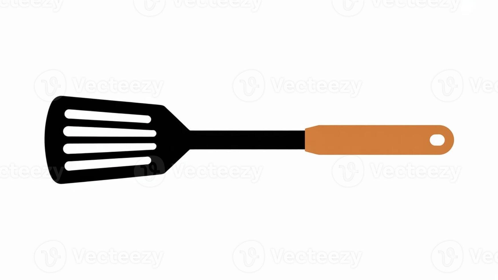 A black slotted spatula with a long handle and a tan grip isolated on a white background photo