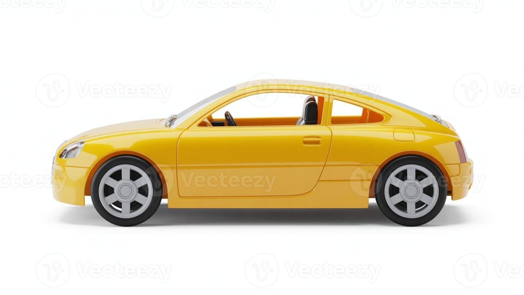 Side view of a yellow toy car with black wheels on a white background studio shot photo