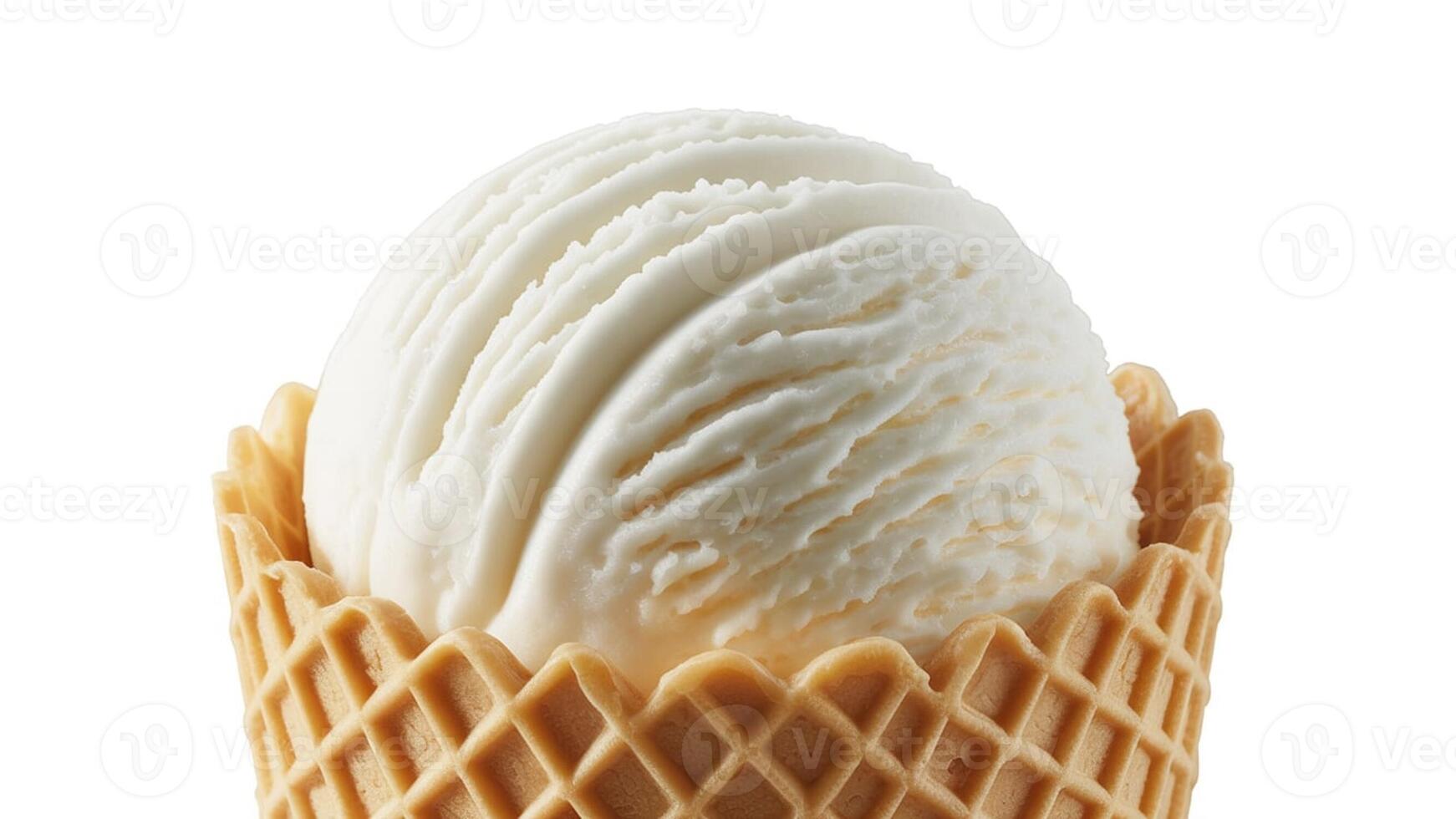 A close up of a single scoop of vanilla ice cream in a waffle cone on white background photo