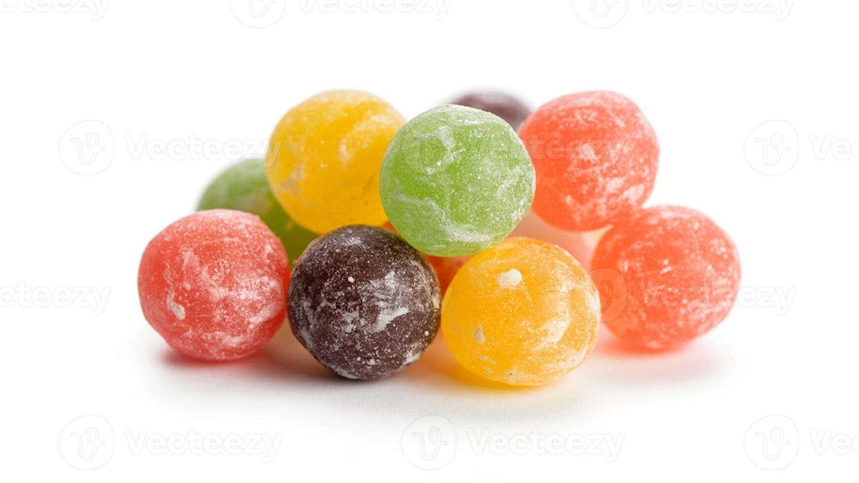 Close up shot of a pile of colorful hard candy balls with a sugary coating on a white surface photo