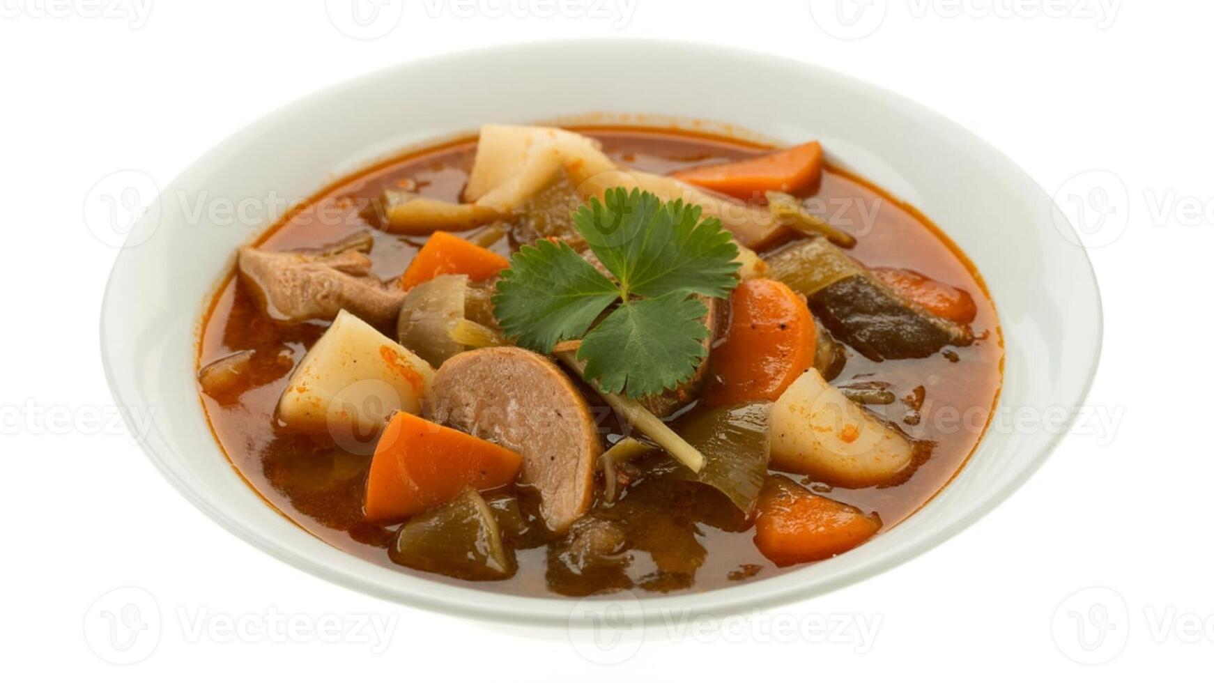 A bowl of hearty stew featuring carrots potatoes and sausage in rich broth view photo