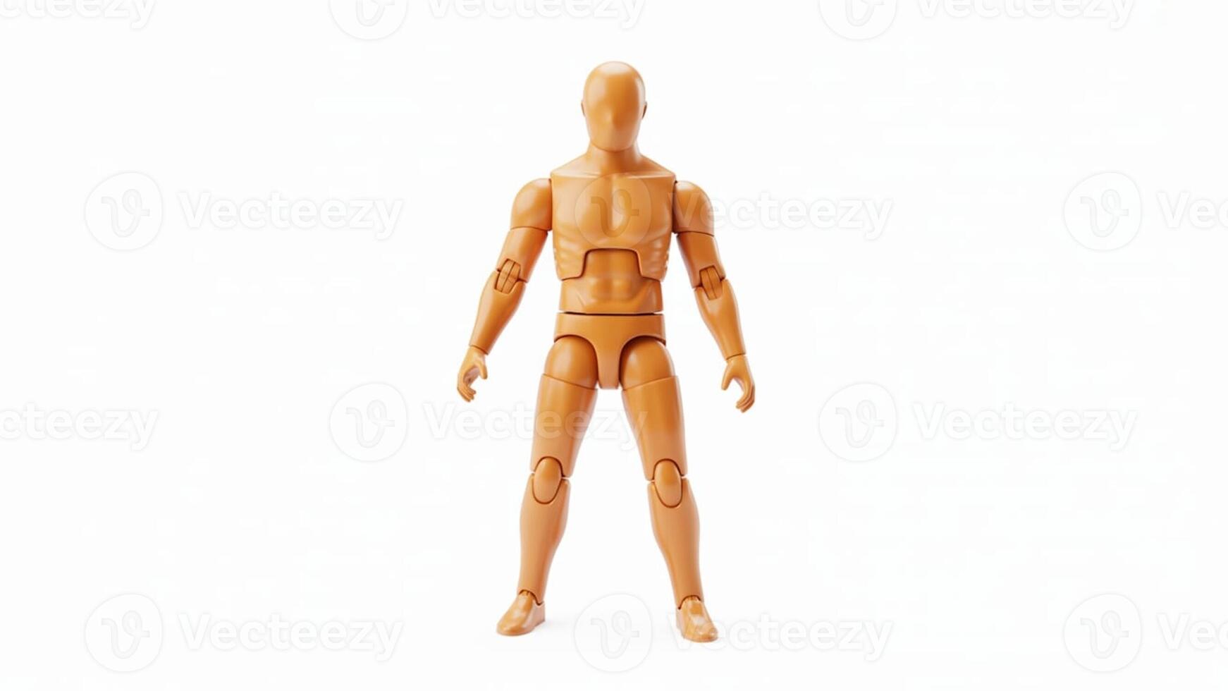 A wooden mannequin standing upright on a white background with its arms at its sides photo