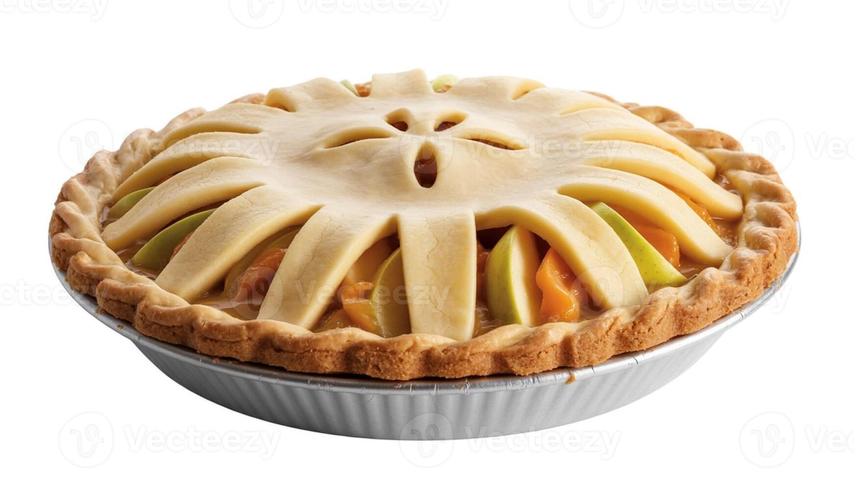 A close up shot of a whole fruit pie with a decorative crust on a white background surface photo