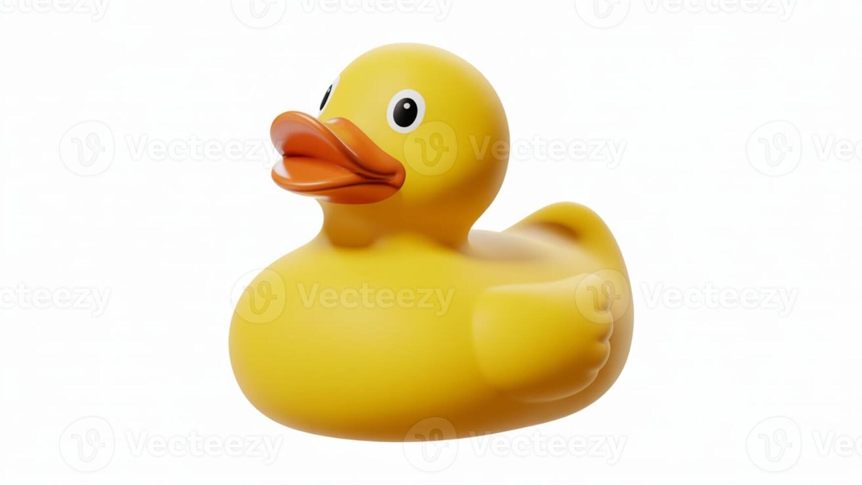 A bright yellow rubber duck with an orange beak on a clean white background space photo