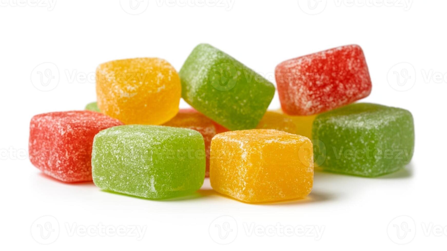 A close up shot of a pile of colorful square gummy candies on a white background surface photo