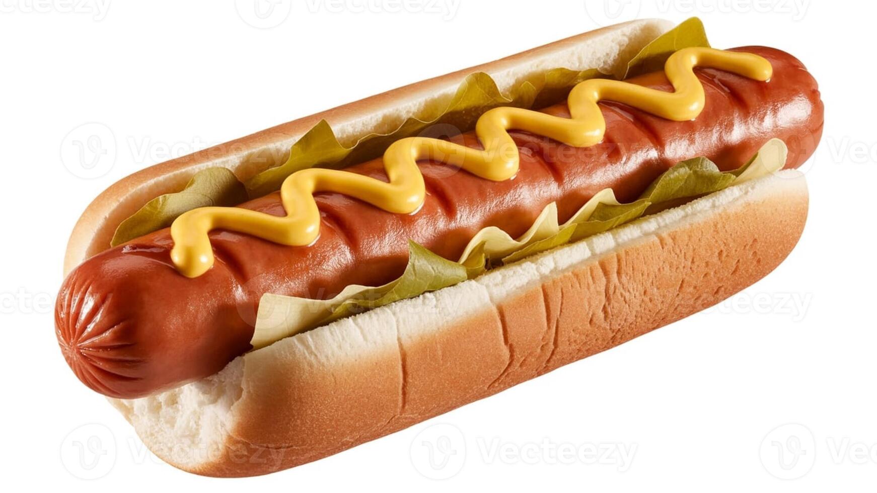 A close up of a hotdog in a bun with mustard and pickles on a white surface showing details photo