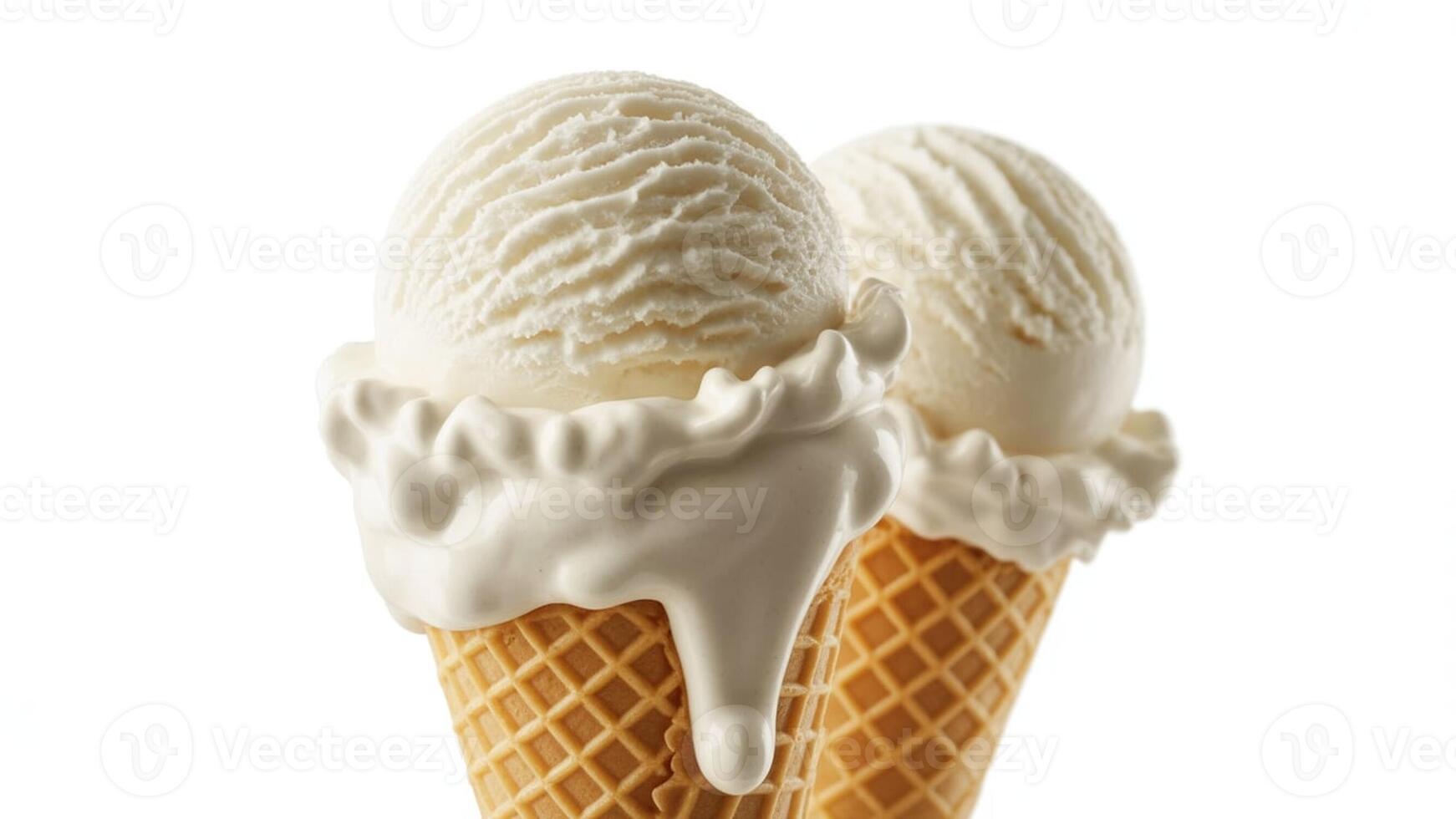 Two vanilla ice cream cones with melting ice cream on a white background in close up view photo