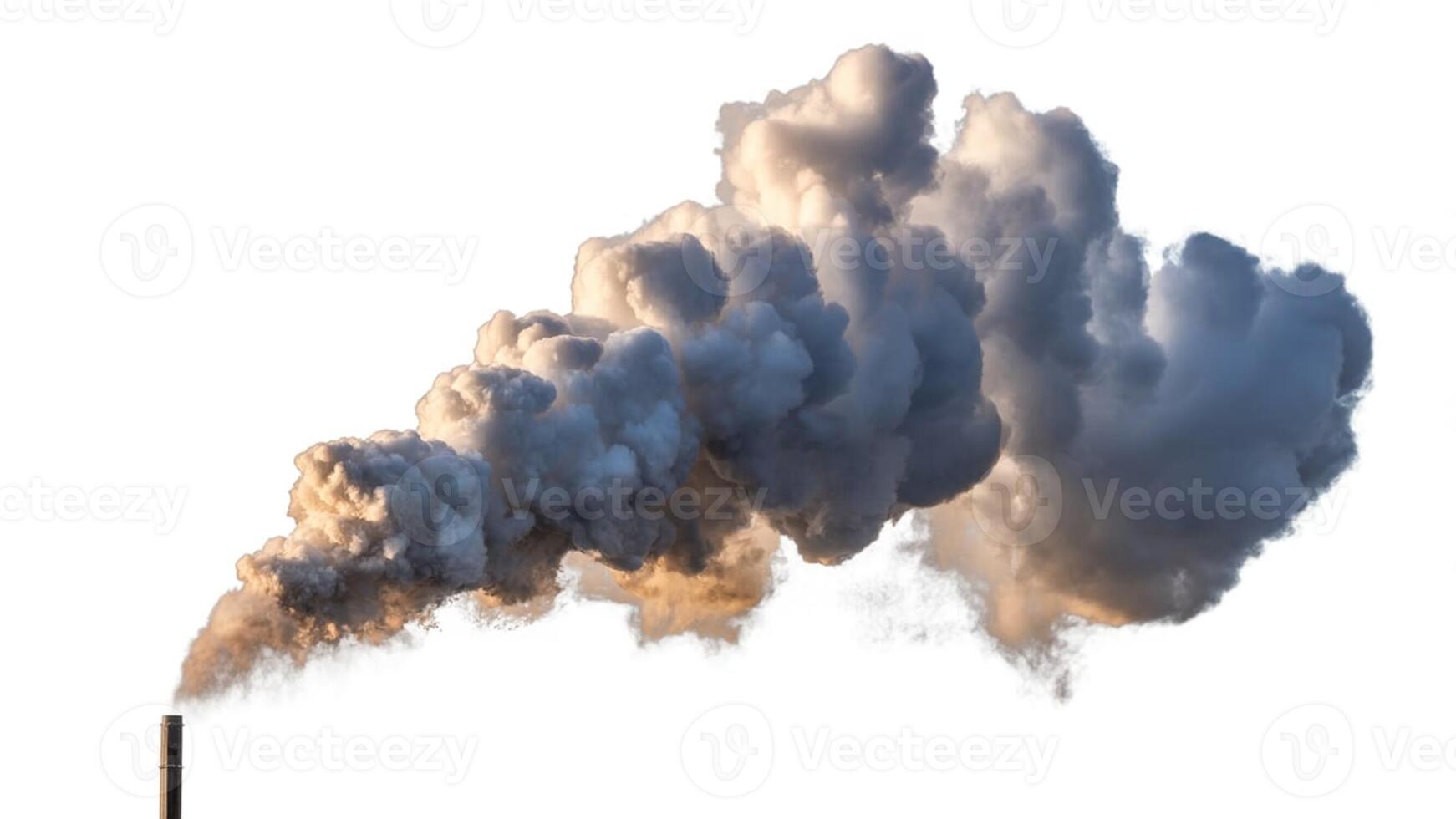 Industrial chimney releasing dense smoke against a stark white background outdoors photo