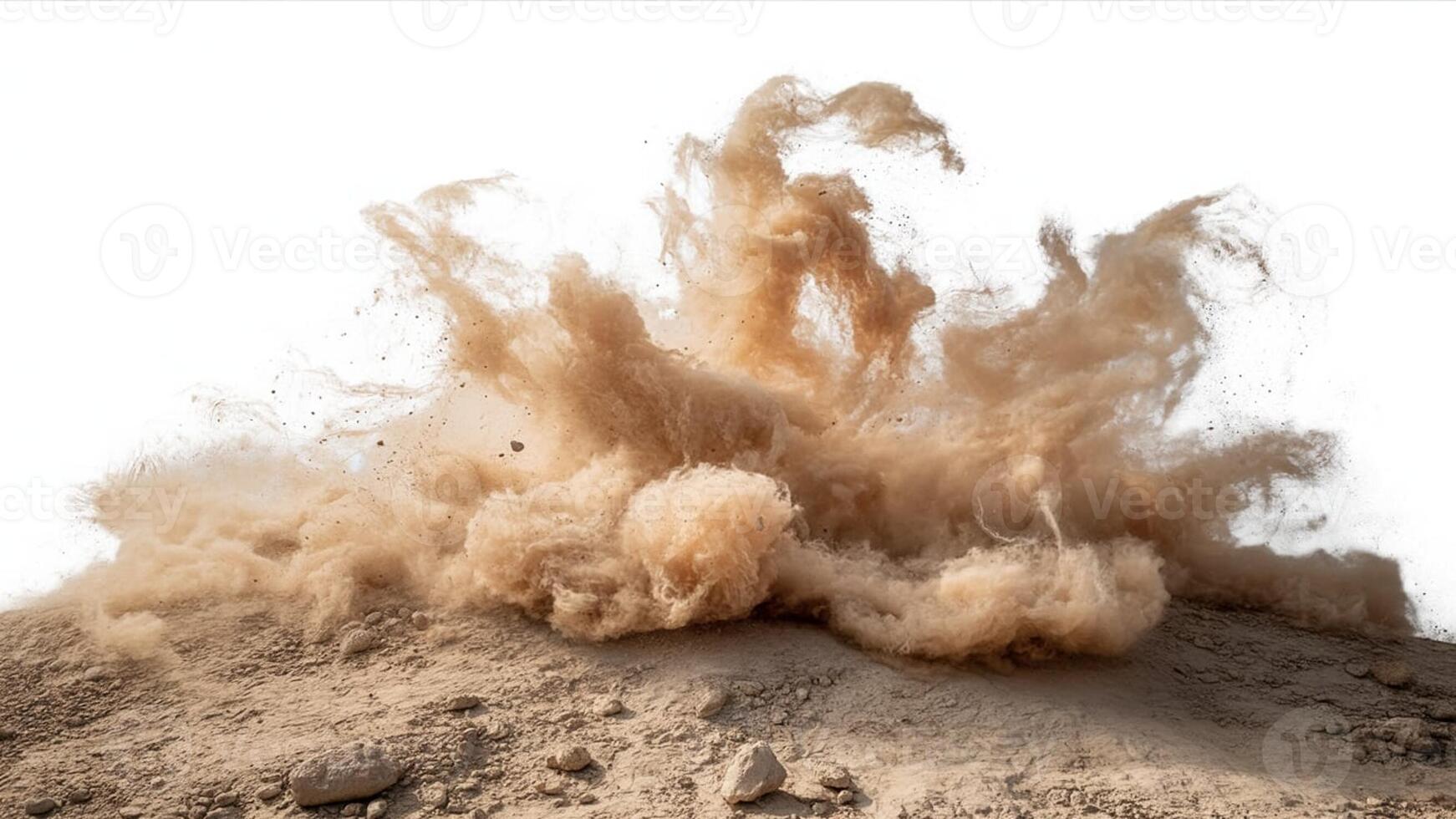A large cloud of dust rising from a desert landscape against a white background photo