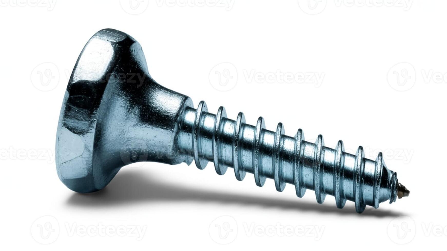 A close up of a single silver screw with a rounded head on a white background photo