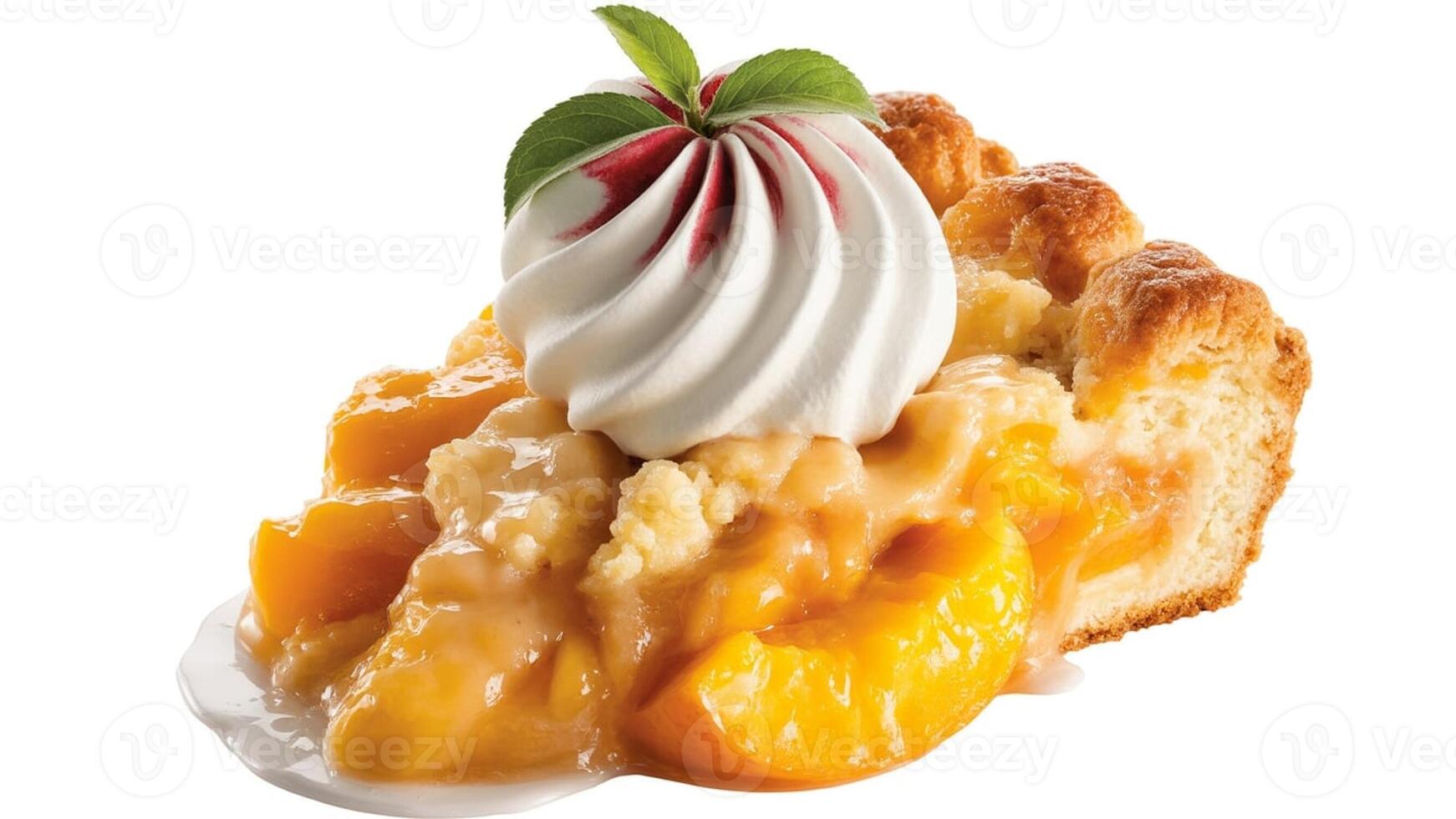 A slice of peach pie topped with whipped cream and mint leaves on a white plate photo