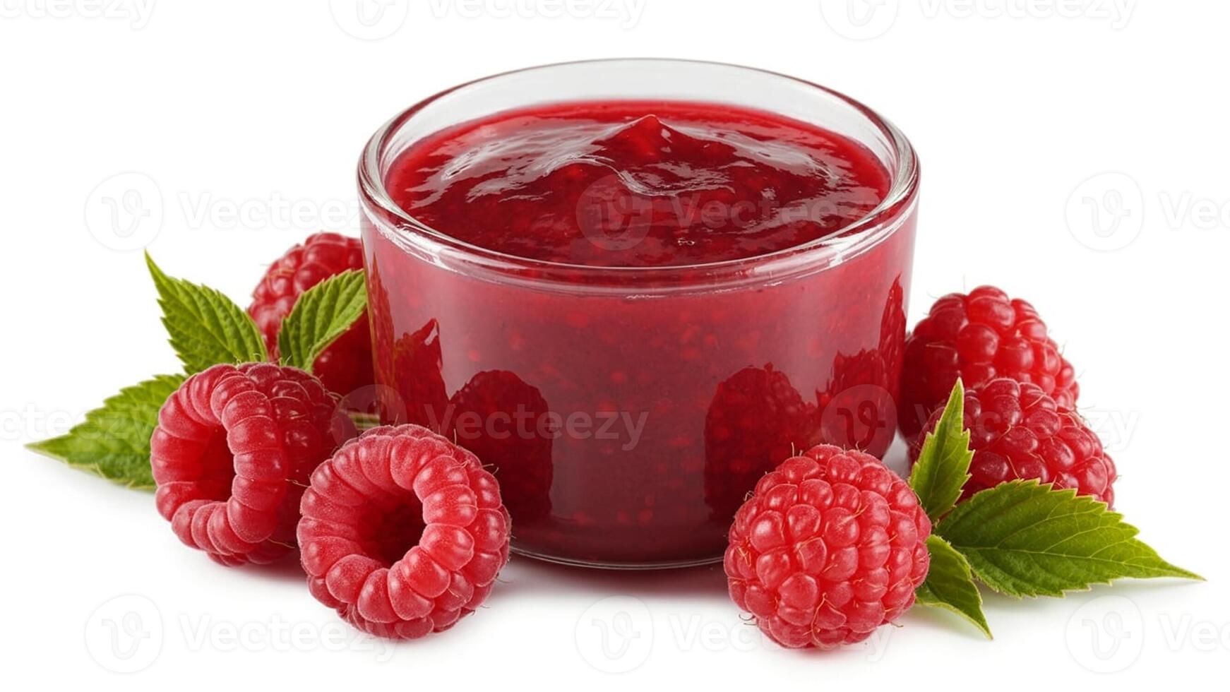 Close up of raspberry jam in a glass bowl surrounded by fresh raspberries and green leaves photo