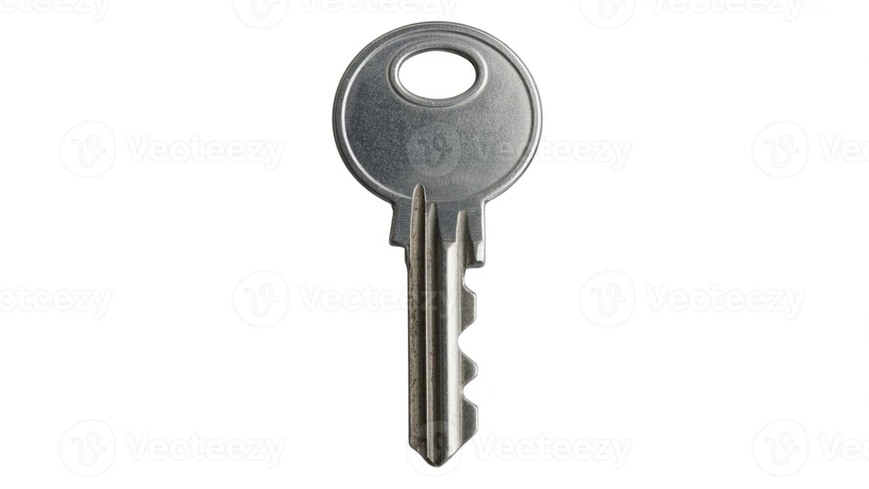 Isolated silver metal key with an oval opening on a white background in a studio shot photo
