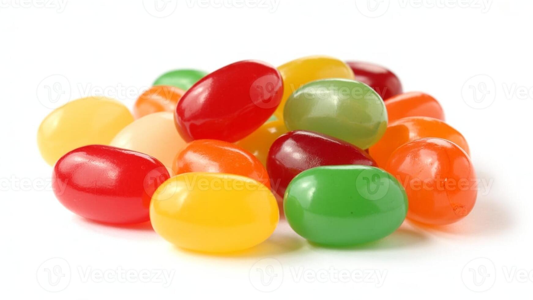 A close up shot of a pile of brightly colored jelly beans on a white background, isolated view photo