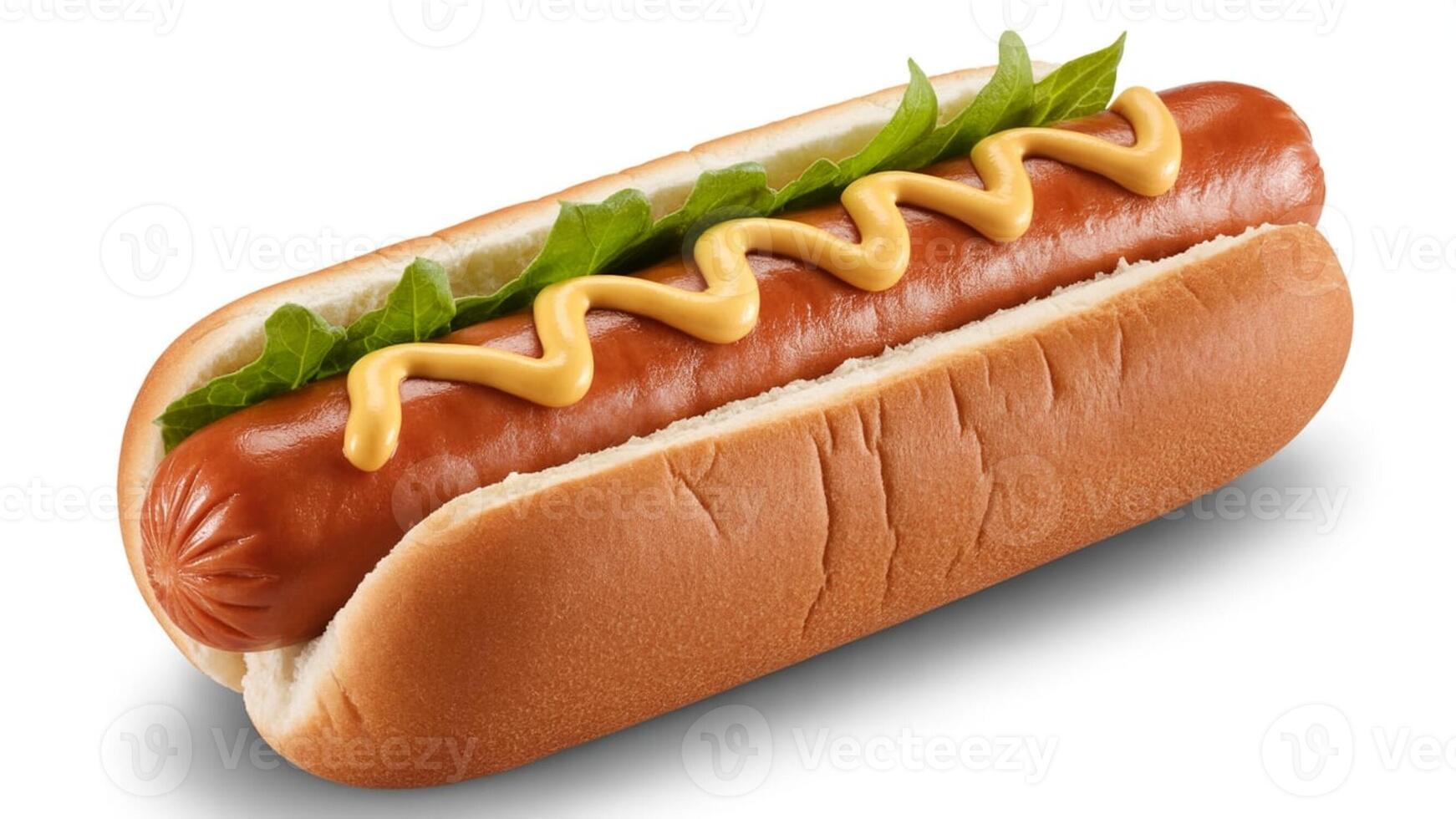 A close up of a hot dog with mustard and lettuce on a white background surface photo