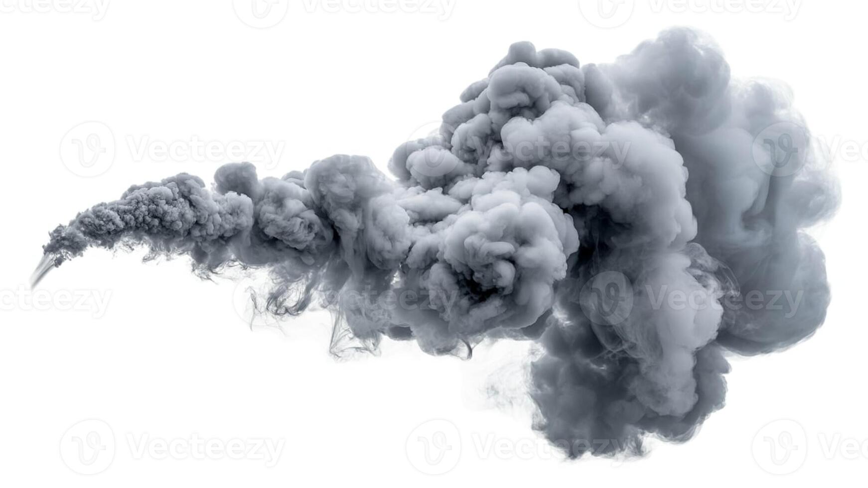 A dramatic plume of gray smoke billowing across a stark white background in studio shot photo