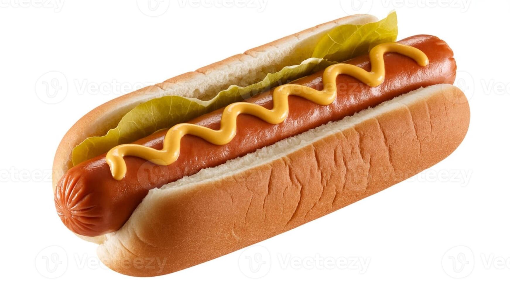A delicious hotdog in a bun with mustard and lettuce on a white background close up view photo