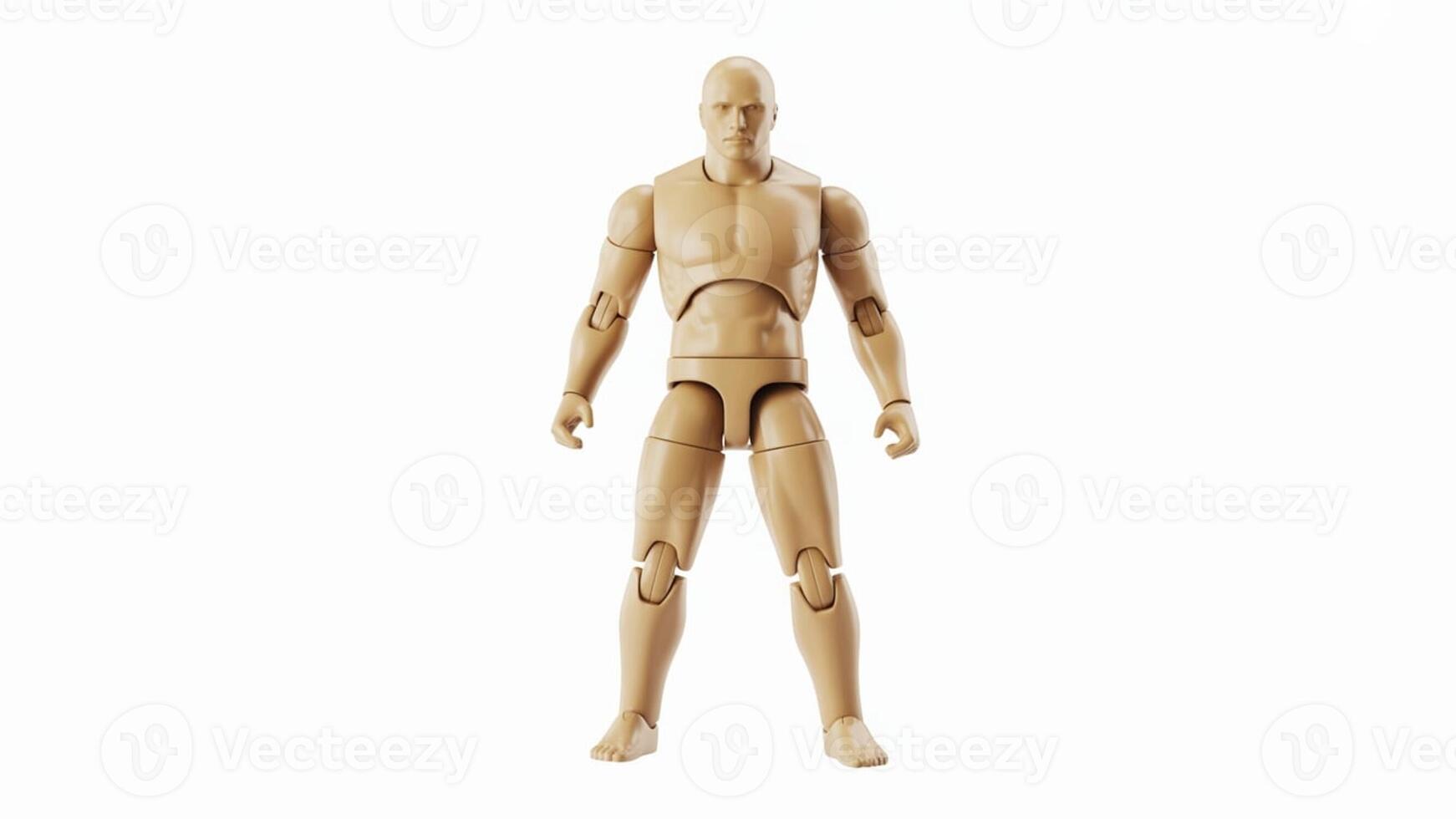 A front view of a light brown articulated male figure standing on a white background photo