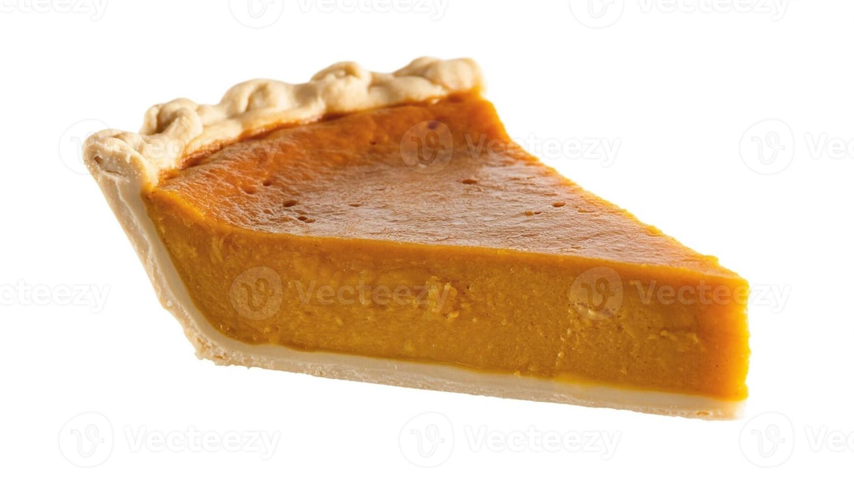 A single slice of pumpkin pie with a flaky crust on a white background isolated photo
